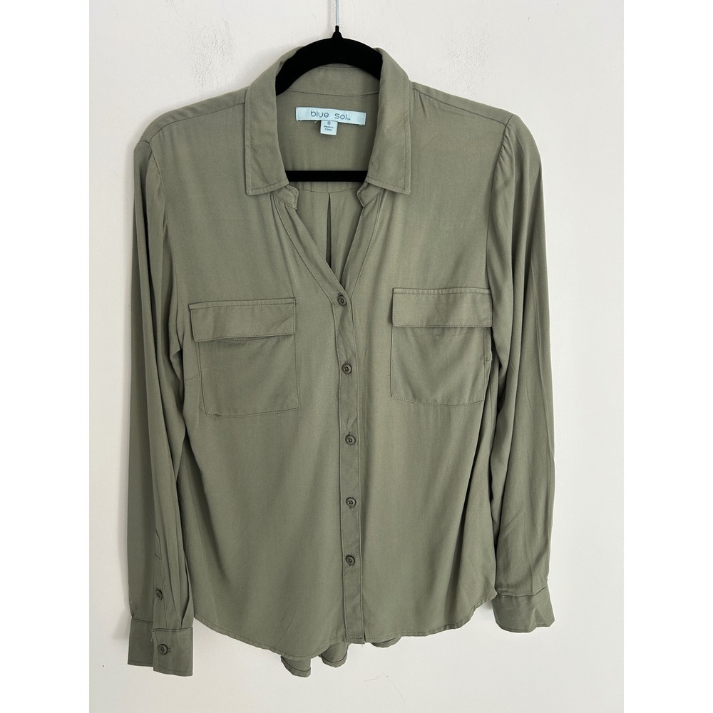 Blue Sol Olive Green Utility Button Up Soft Rayon Blouse Women Small minimalist